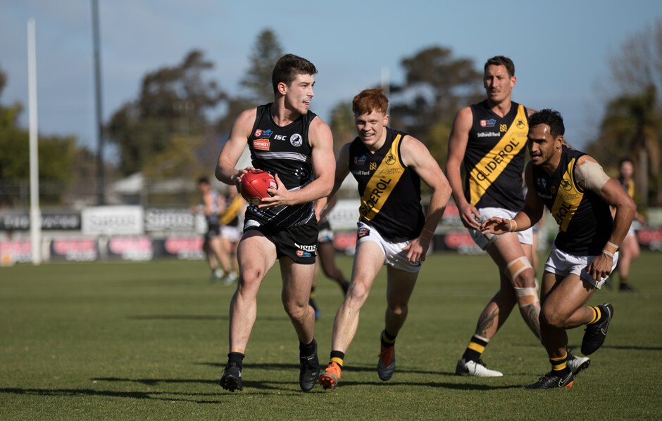SANFL-broadcast-guide-SF-main.png Port Adelaide midfielder Joseph Atley breaks away from the pack during the Magpies Round 14 clash with the Tigers at Alberton Oval. - Port Adelaide Magpies